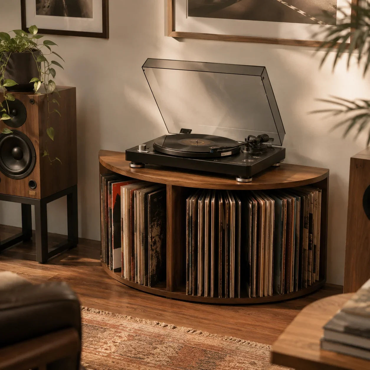 Meuble platine vinyle arrondi dans salon chaleureux