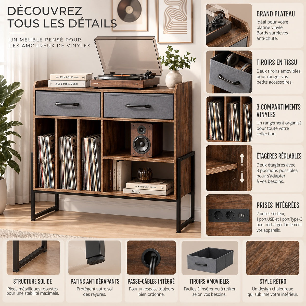 Support platine vinyle station recharge tiroirs tissu