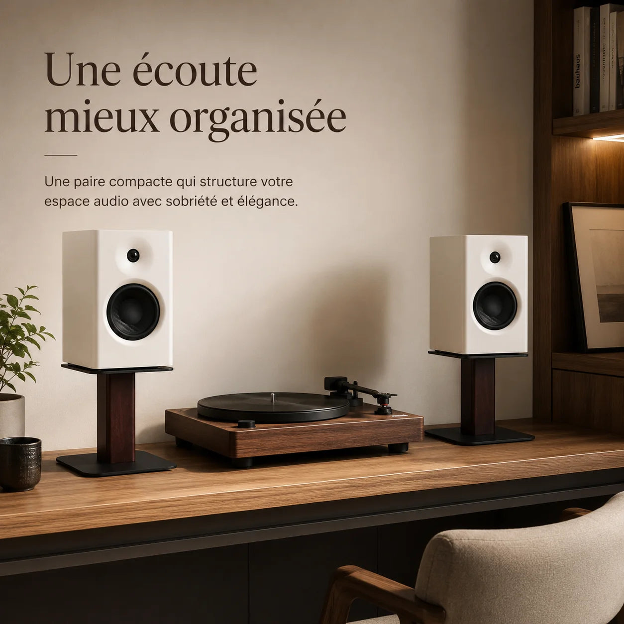 Bureau avec enceintes blanches sur supports bois-noir, platine vinyle, setup audio organisé