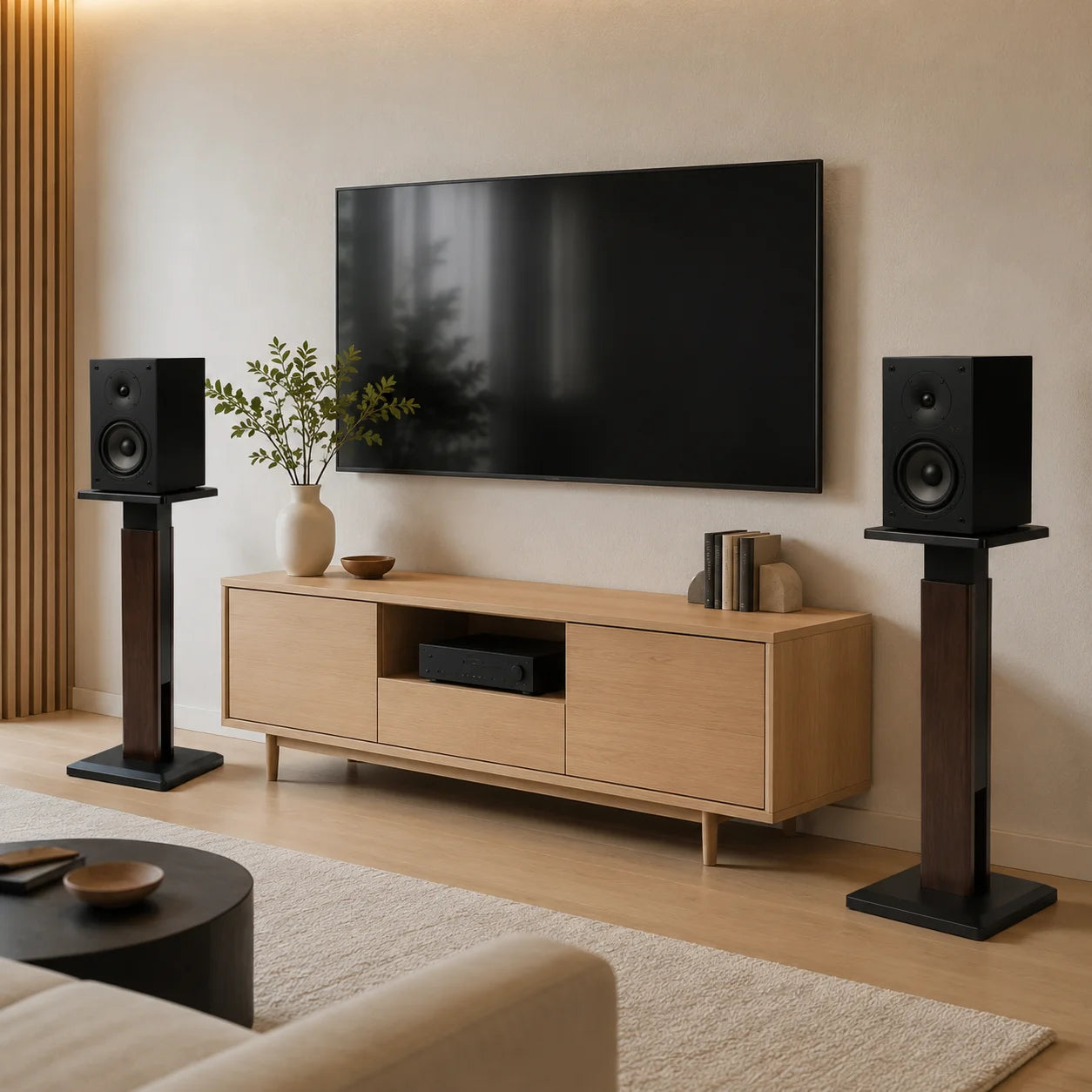 Salon moderne avec enceintes noires sur supports colonnes bois-noir, TV, meuble oak, ambiance HiFi