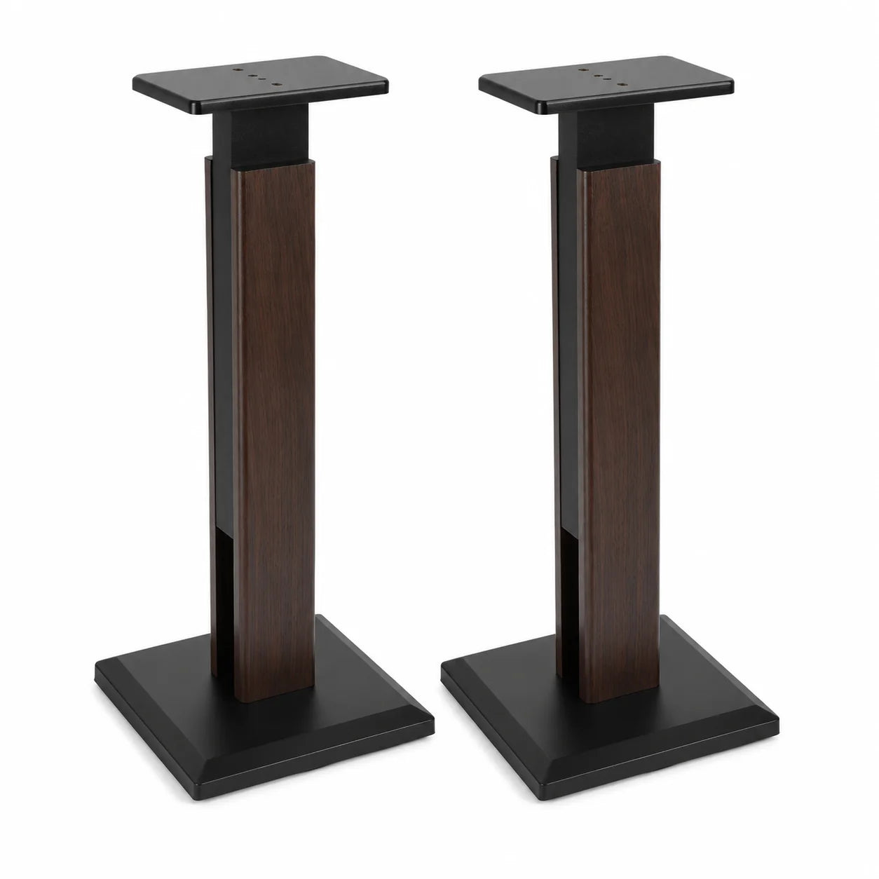 Paire supports enceintes HiFi sur pied bois-noir, plateau carré, base carrée, fond blanc, vue 3/4 – Sillon 33