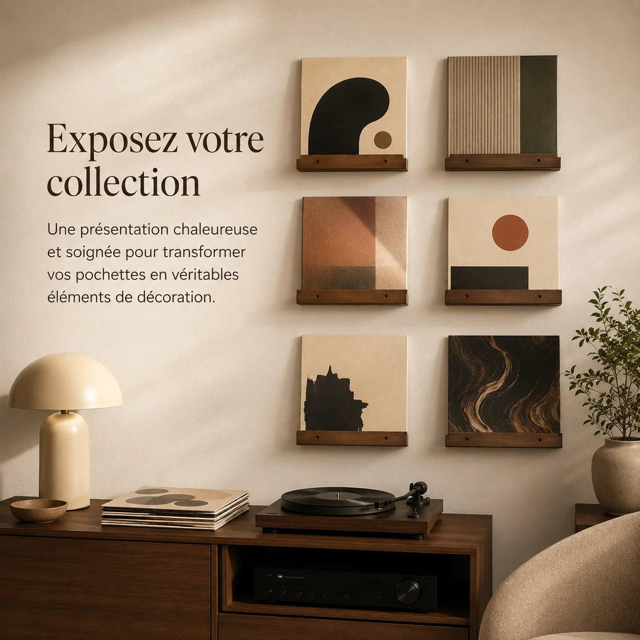 Six étagères murales bois dans salon avec platine, pochettes vinyles exposées en décoration