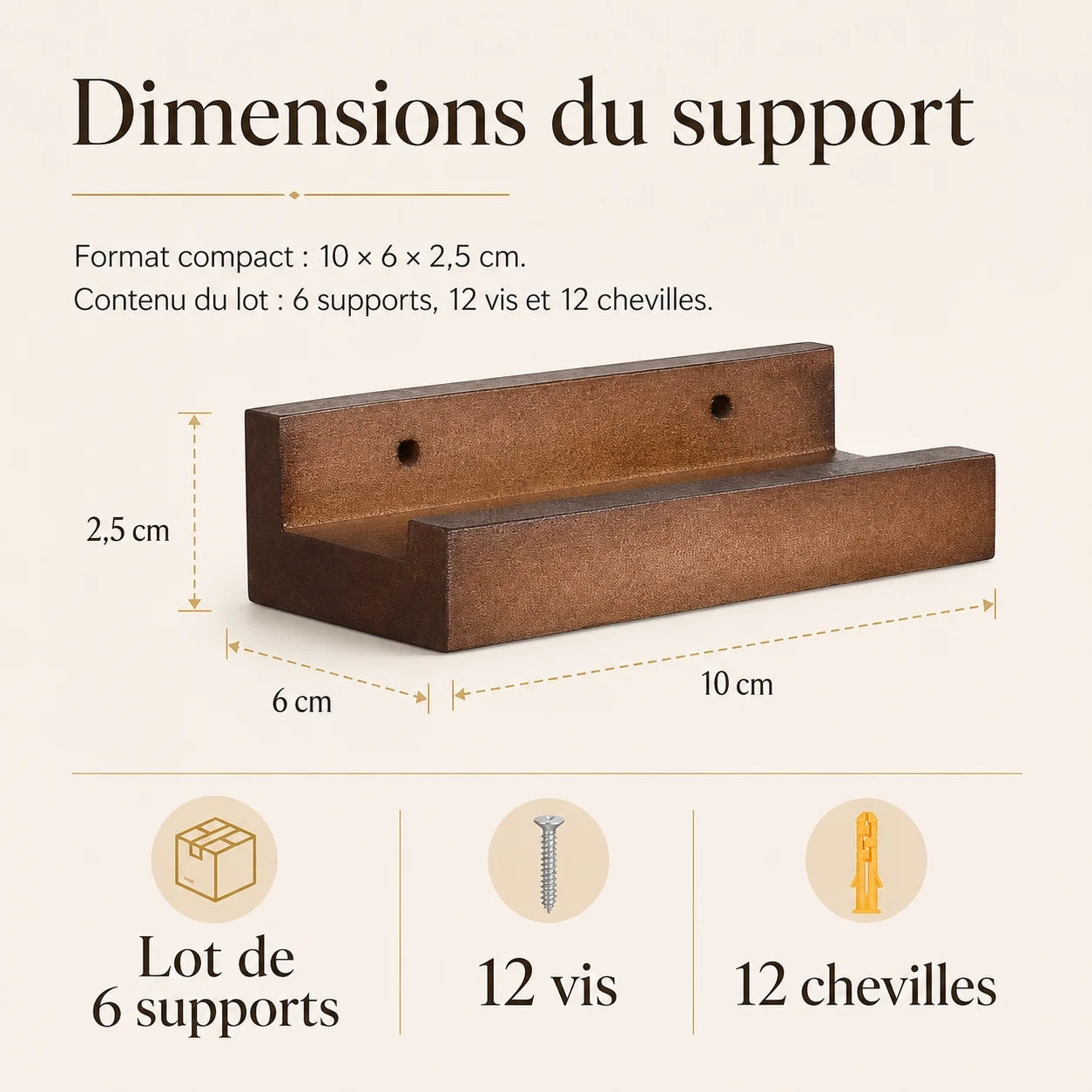 Dimensions étagère murale : 10 × 6 × 2,5 cm. Contenu du lot : 6 supports, 12 vis, 12 chevilles
