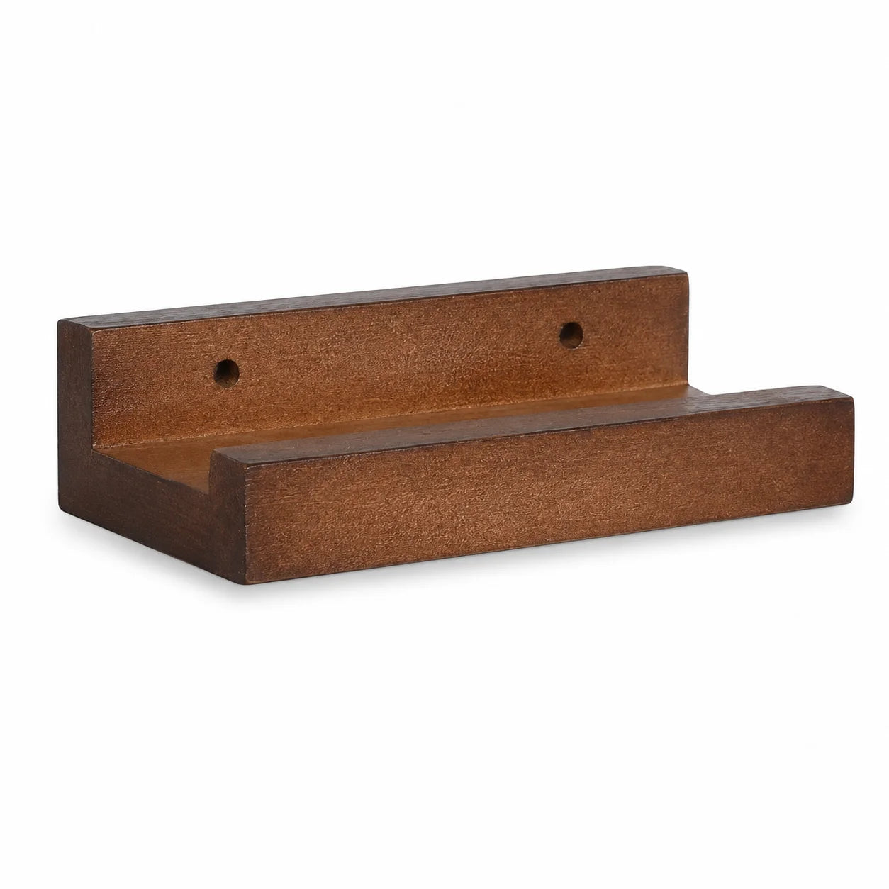 Étagère murale bois pour vinyle, vue 3/4 fond blanc, rebord avant, deux orifices de fixation