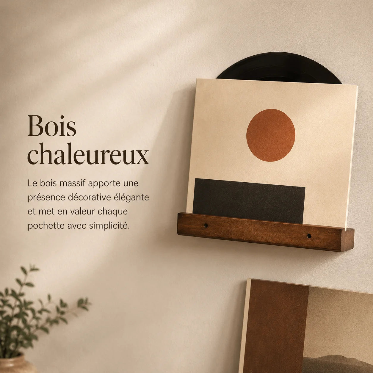 Étagère murale bois au mur avec pochette vinyle posée dessus, grain bois naturel visible