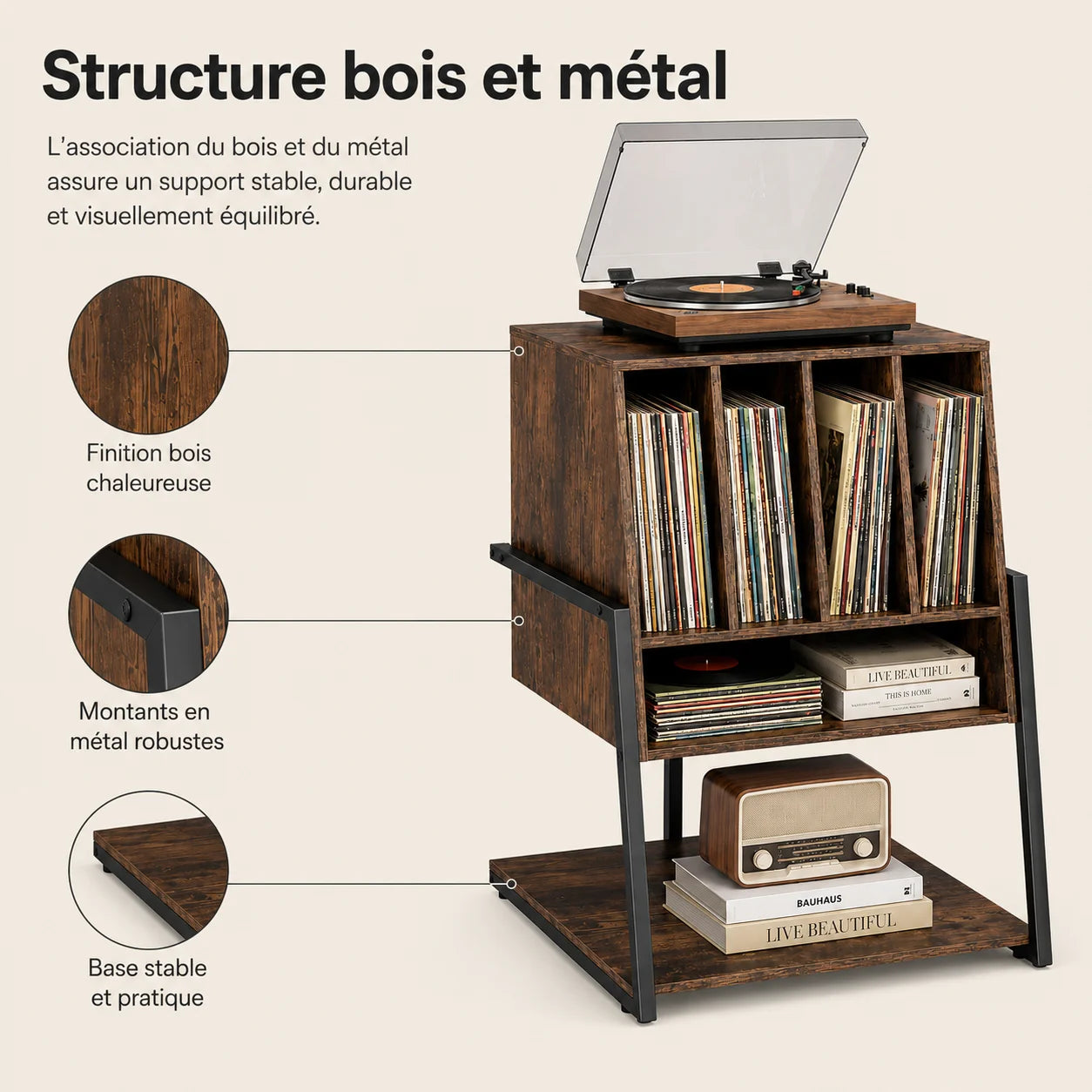 Structure bois et métal du meuble platine, montants métal, panneaux bois, zoom détail assemblage