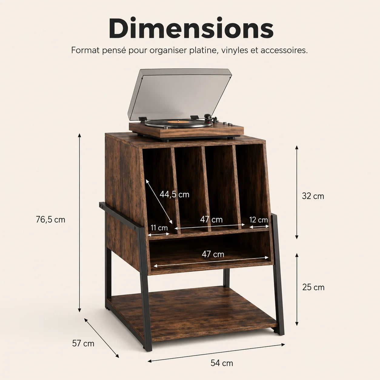 Schéma dimensions meuble 4 séparateurs : 76,5 cm hauteur × 54 cm largeur × 57 cm profondeur