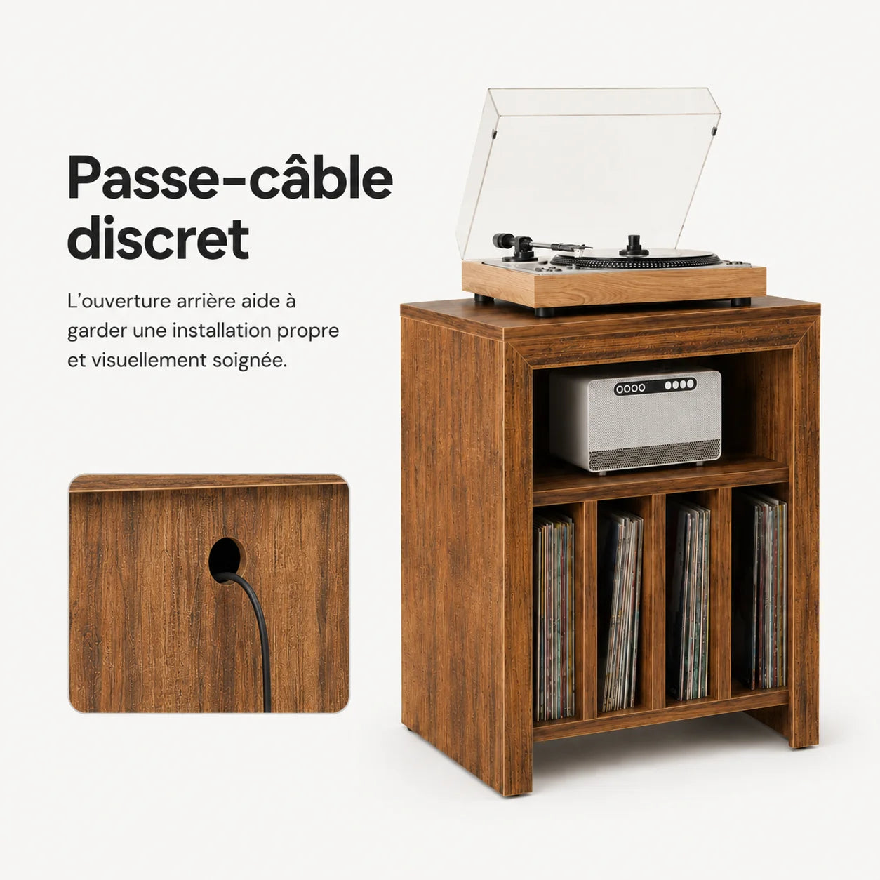 Ouverture passe-câble arrière du meuble platine 60 cm, zoom découpe bois discrète
