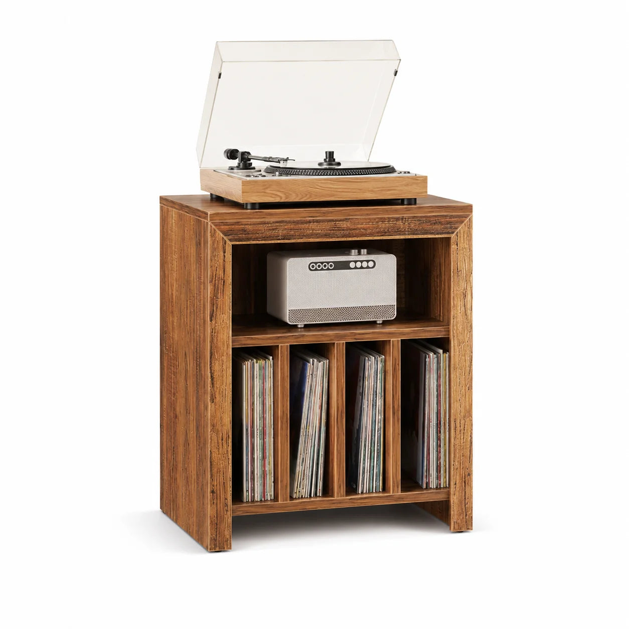Meuble platine vinyle compact bois 60 cm, platine dessus, enceinte centrale, 4 séparateurs vinyles, fond blanc – Sillon 33