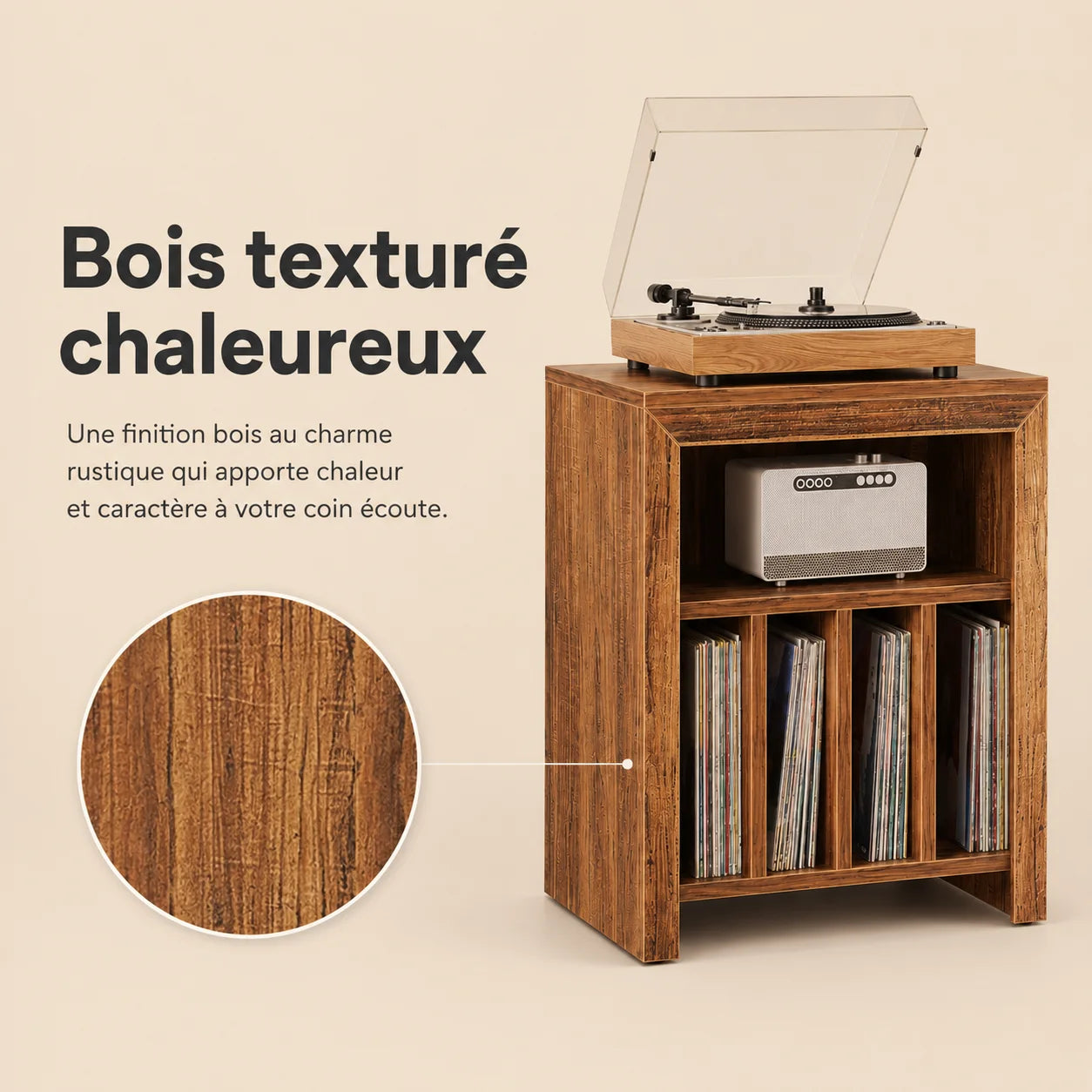 Zoom texture bois rustique du meuble platine 60 cm, grain naturel chaleureux, finition mate