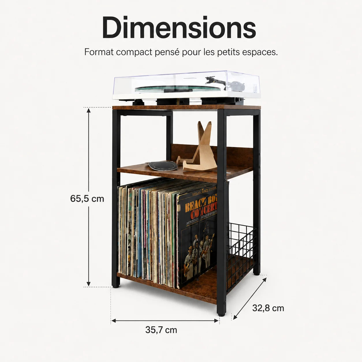 Cadre métal et finition bois du meuble platine 65 cm, panier latéral métal, base stable, zoom assemblage