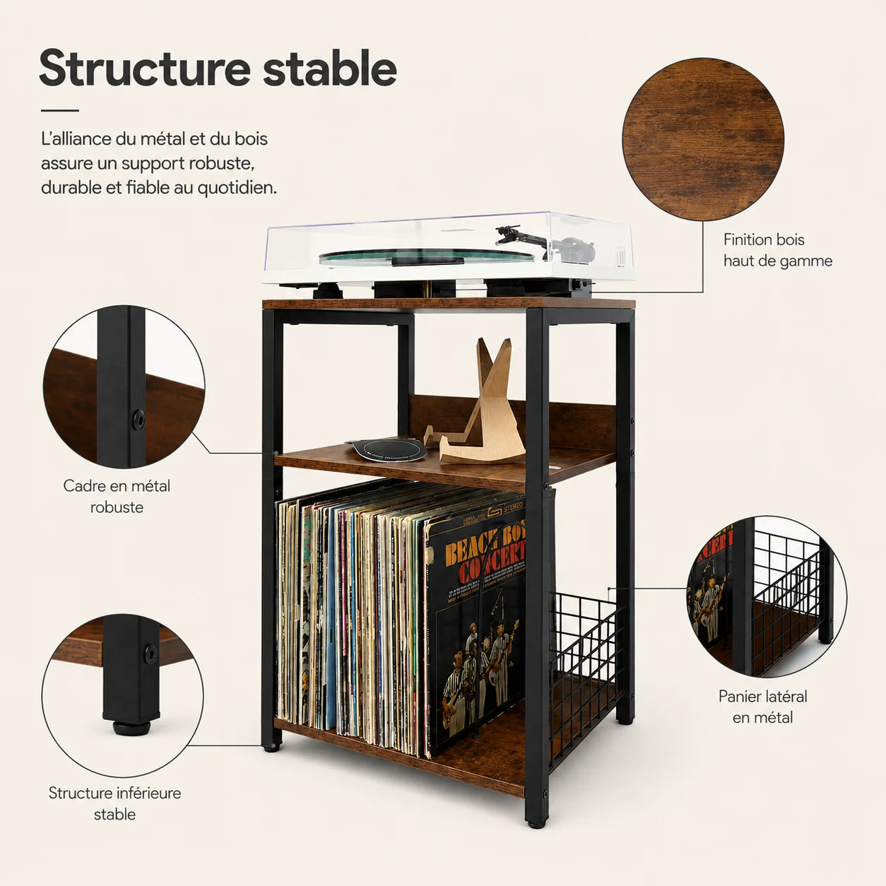 Panier de rangement vinyles du meuble 65 cm, main saisissant un disque LP, accès facile