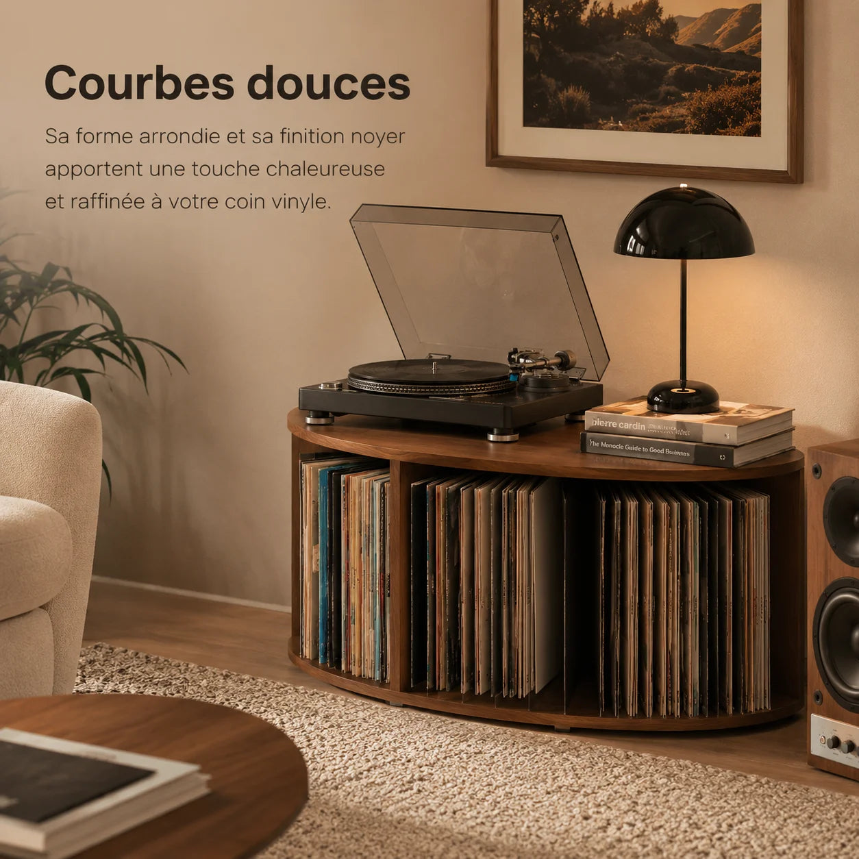 Meuble platine vinyle arrondi bois noyer, éclairage chaud, zoom finition et courbes