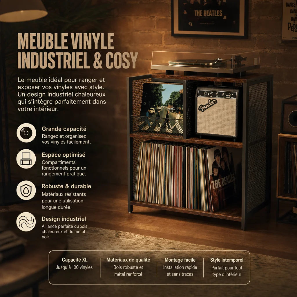 Plateau supérieur renforcé meuble vinyle industriel pour platine, détail construction métal