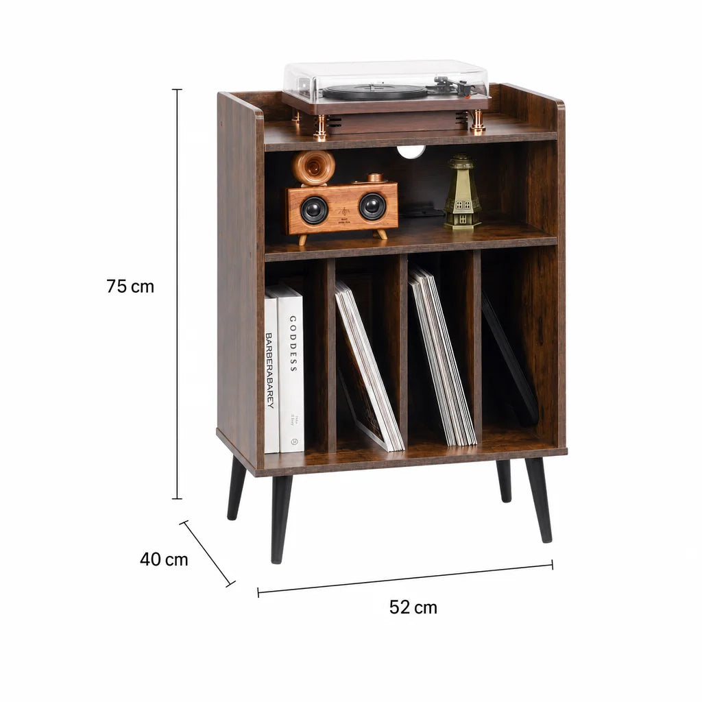 Meuble platine vinyle mid-century dans salon, platine sur plateau supérieur, ambiance chaleureuse