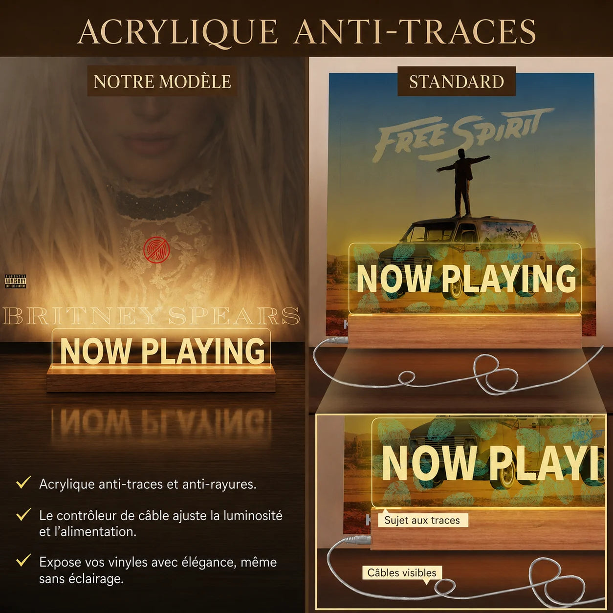 Comparaison acrylique Now Playing : modèle Britney Spears vs Free Spirit, contrôleur de luminosité