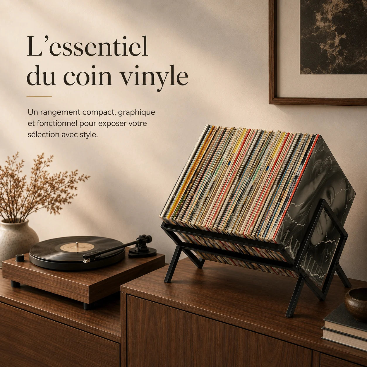 Rack vinyles métal compact dans coin écoute, vinyles exposés, présentation graphique