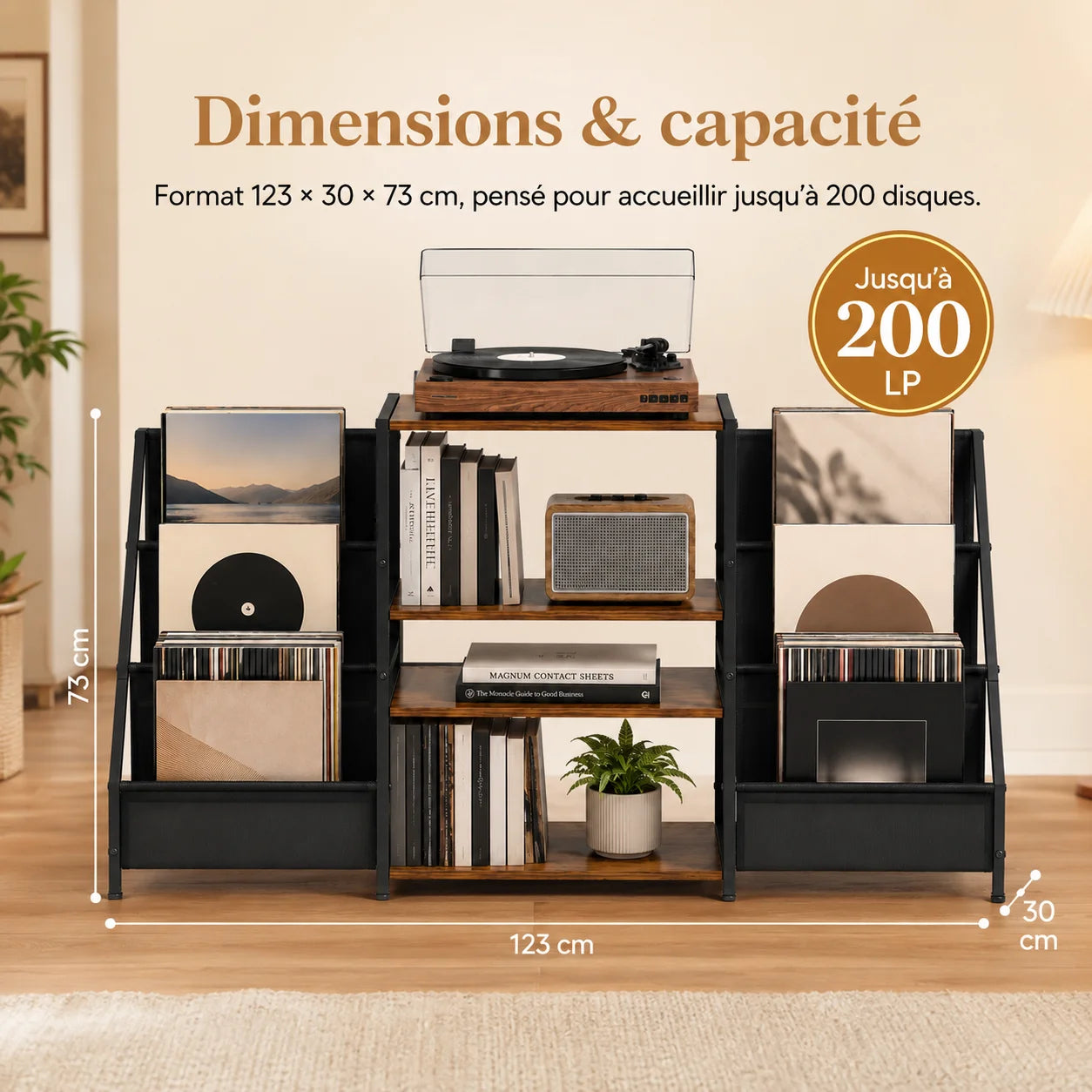 Dimensions & capacité meuble 200 LP : 123 × 30 × 73 cm, accueille jusqu'à 200 disques vinyle