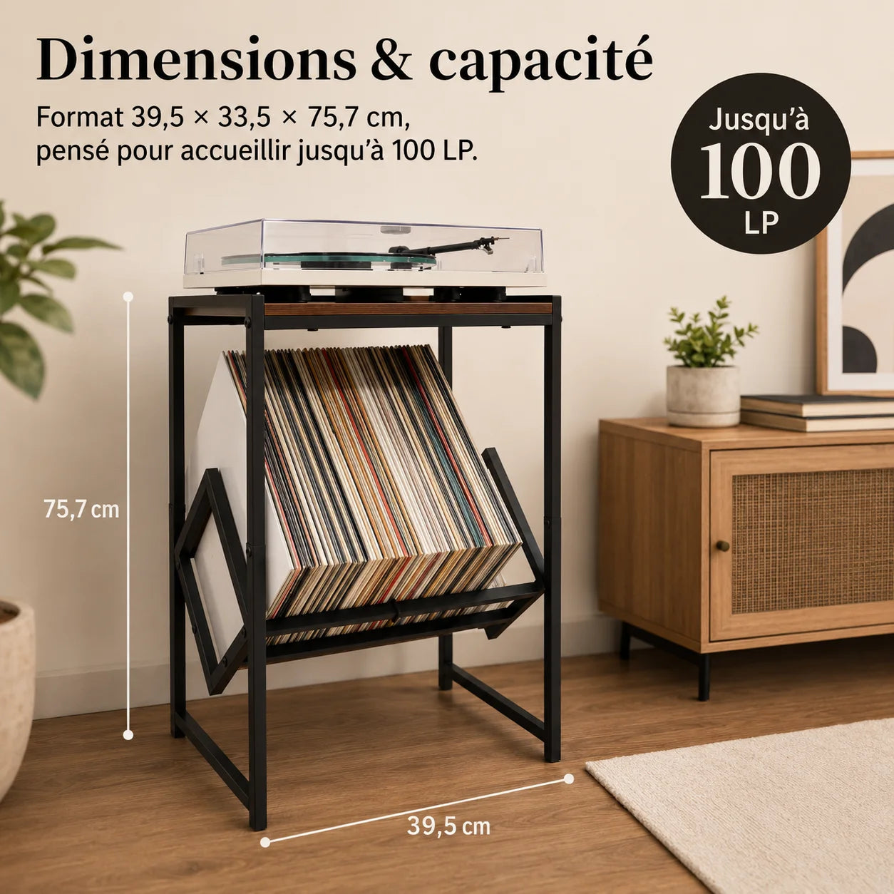 Schéma dimensions support platine incliné : 39,5 × 33,5 × 75,7 cm, capacité 100 LP