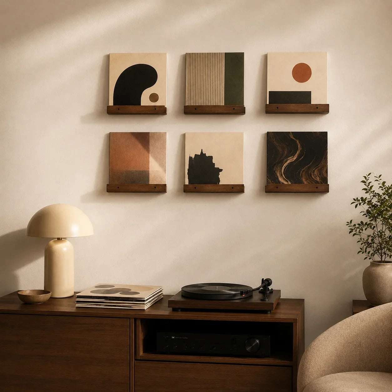 Salon avec étagères murales bois et pochettes vinyles