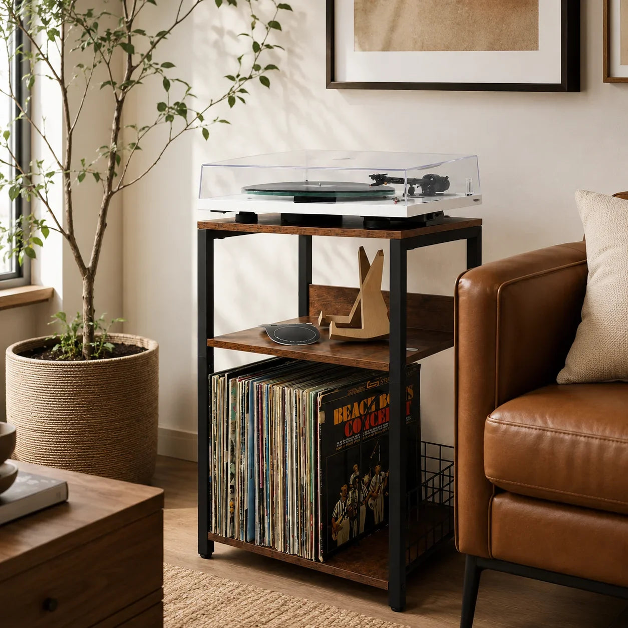 Meuble platine 65cm dans salon canapé cuir