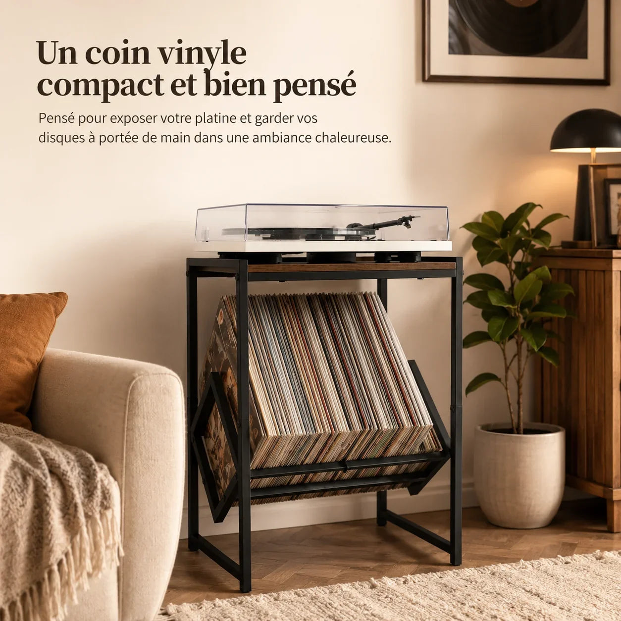 Support platine vinyle avec bac incliné, vinyles exposés