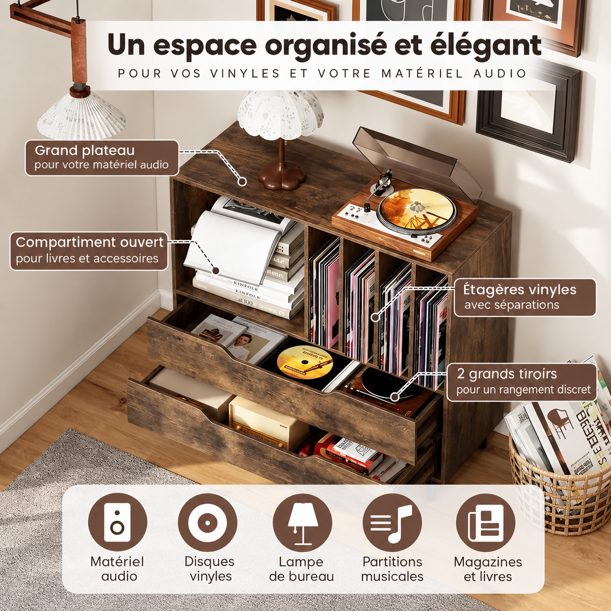 Meuble platine vinyle 4 compartiments et 2 tiroirs – rustic brown
