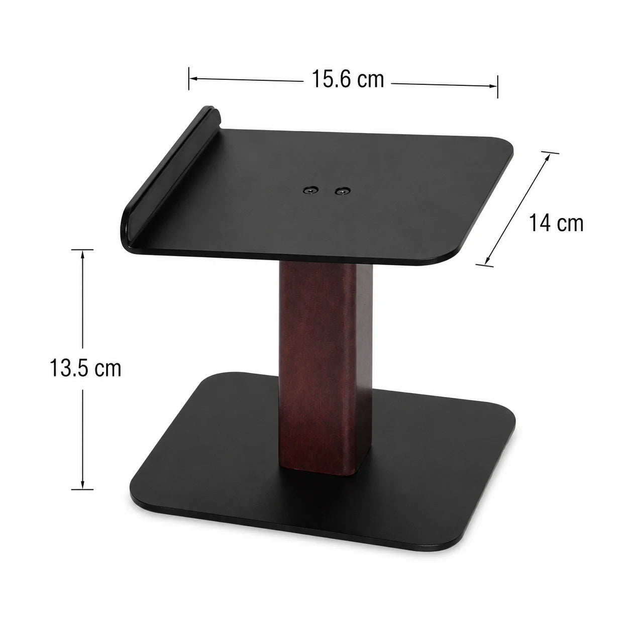 Schéma dimensions supports enceintes bureau : 15,6 cm largeur × 14 cm profondeur × 13,5 cm hauteur