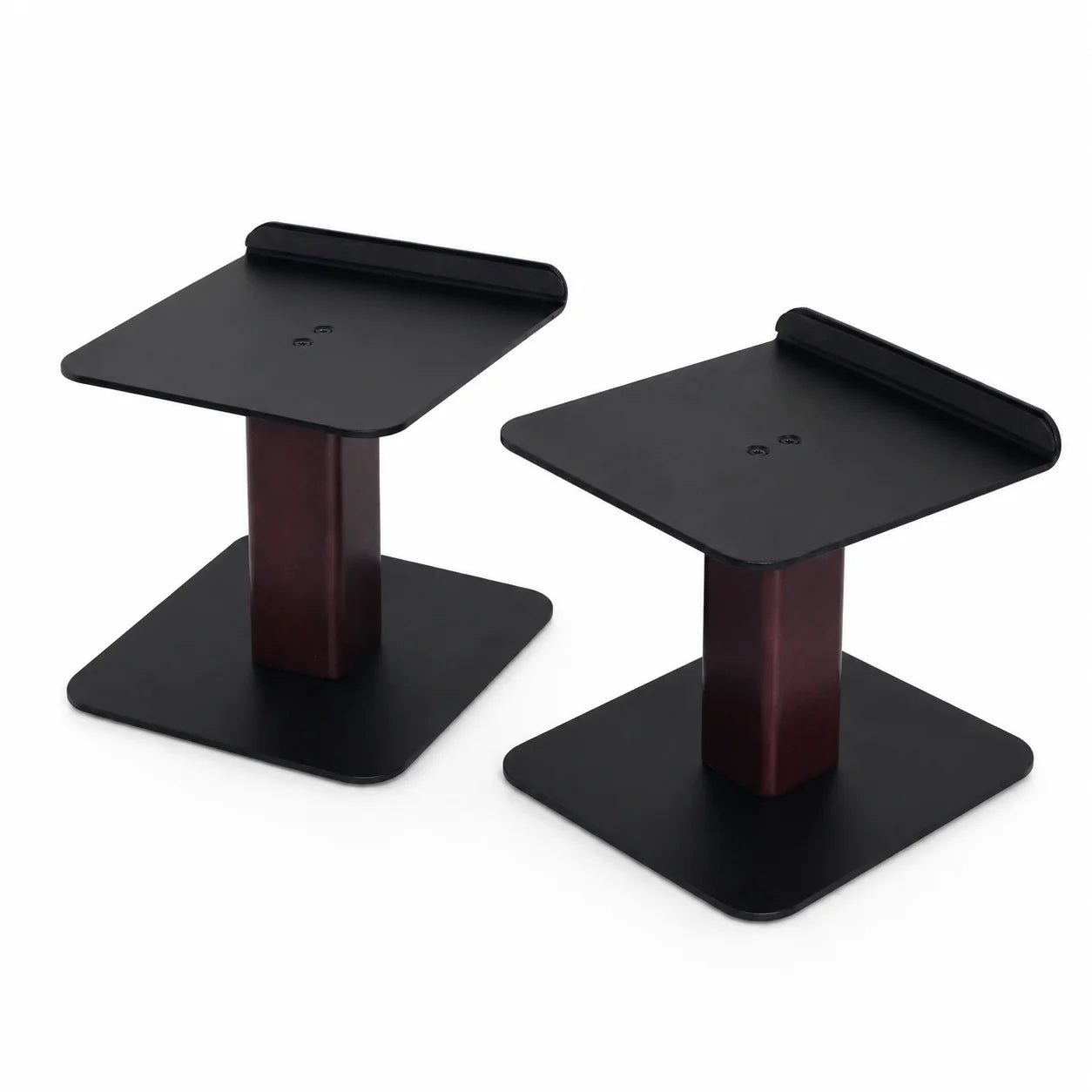 Paire supports enceintes bureau bois-noir, plateau avec rebord, colonne bordeaux-noyer, base noire, fond blanc – Sillon 33