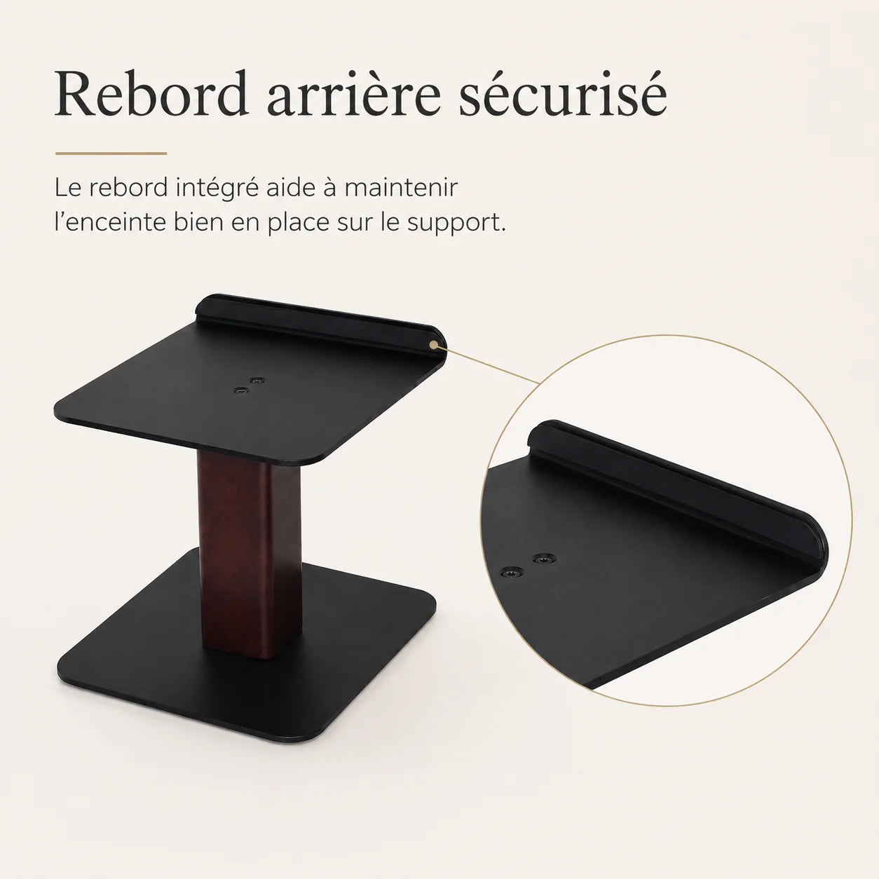 Zoom rebord arrière du support enceinte bureau maintenant l'enceinte en place, finition noire