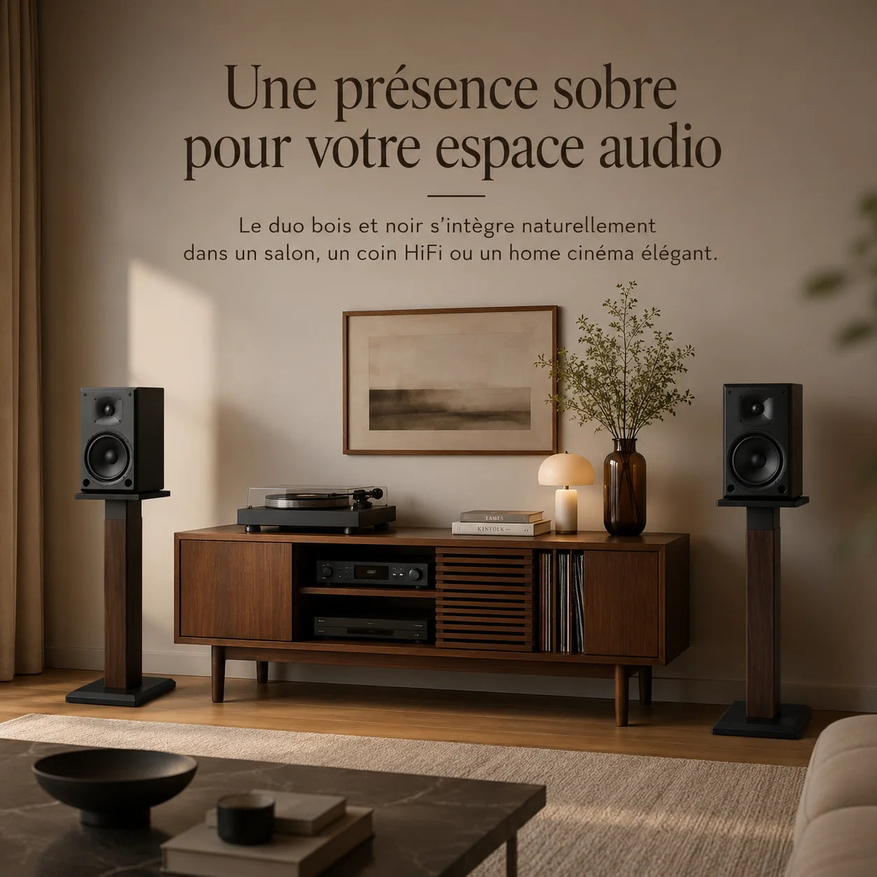 Paire supports enceintes HiFi bois-noir dans salon élégant, intégration naturelle
