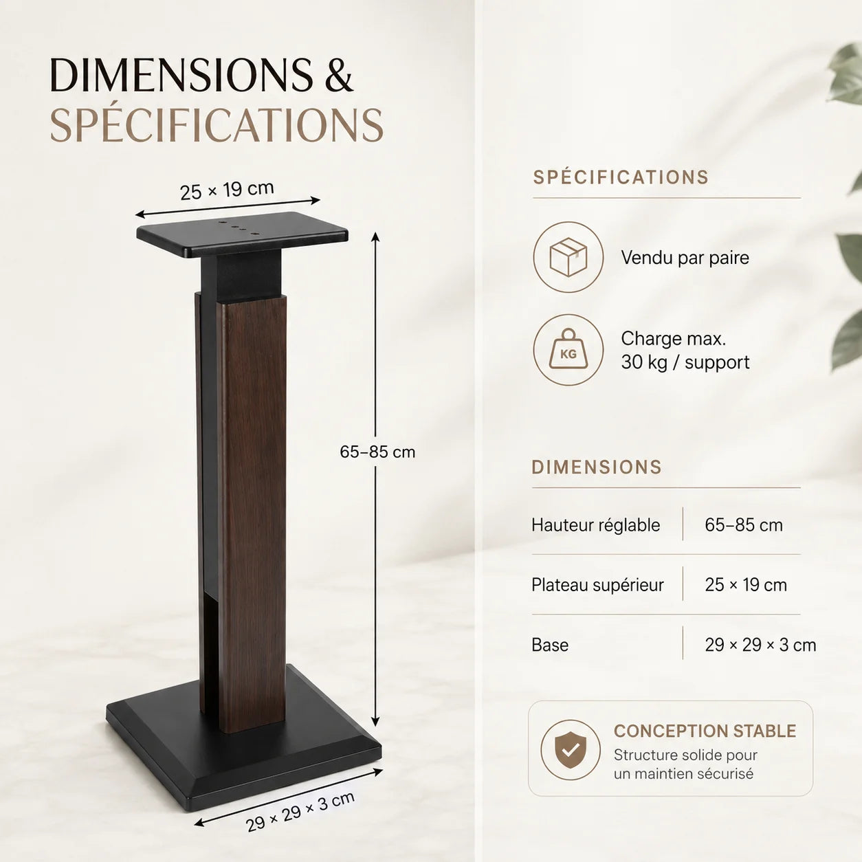 Schéma dimensions supports pied : hauteur 65–85 cm, plateau 25×19 cm, base 29×29 cm, charge 30 kg