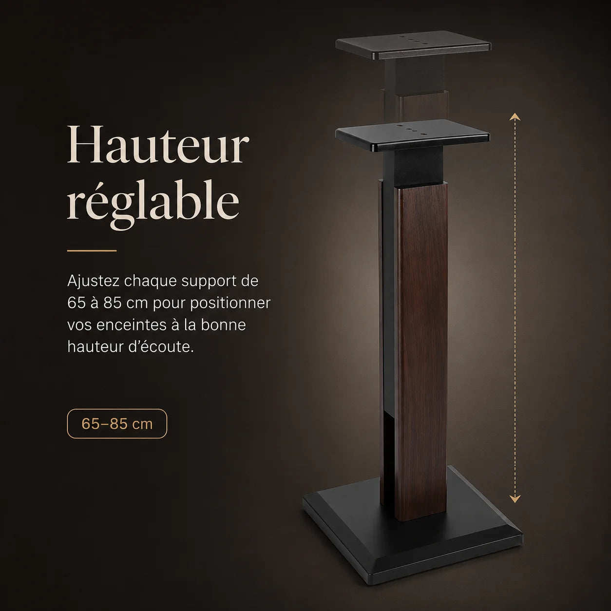 Mécanisme réglage hauteur support enceinte HiFi, annotation 65–85 cm, vis de blocage