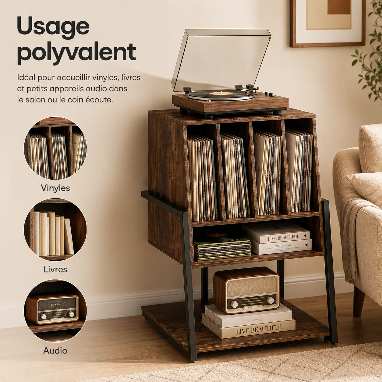 Meuble platine 4 séparateurs utilisé avec vinyles, livres et appareils audio dans salon