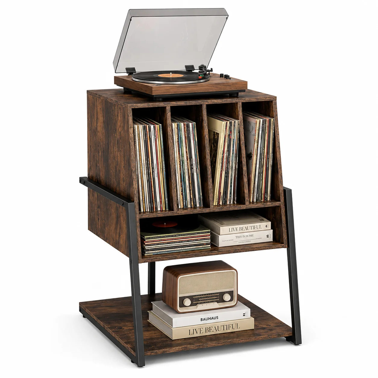 Meuble platine vinyle 4 séparateurs bois et métal, platine dessus, 4 compartiments vinyles, vue 3/4 fond blanc – Sillon 33