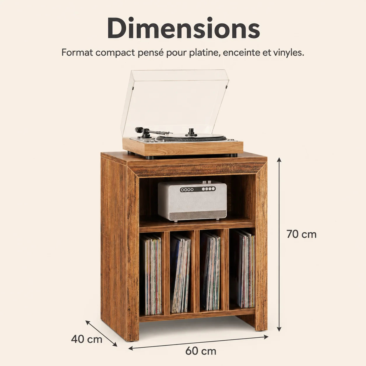 Meuble platine vinyle 60 cm utilisé comme table d'appoint dans salon lumineux