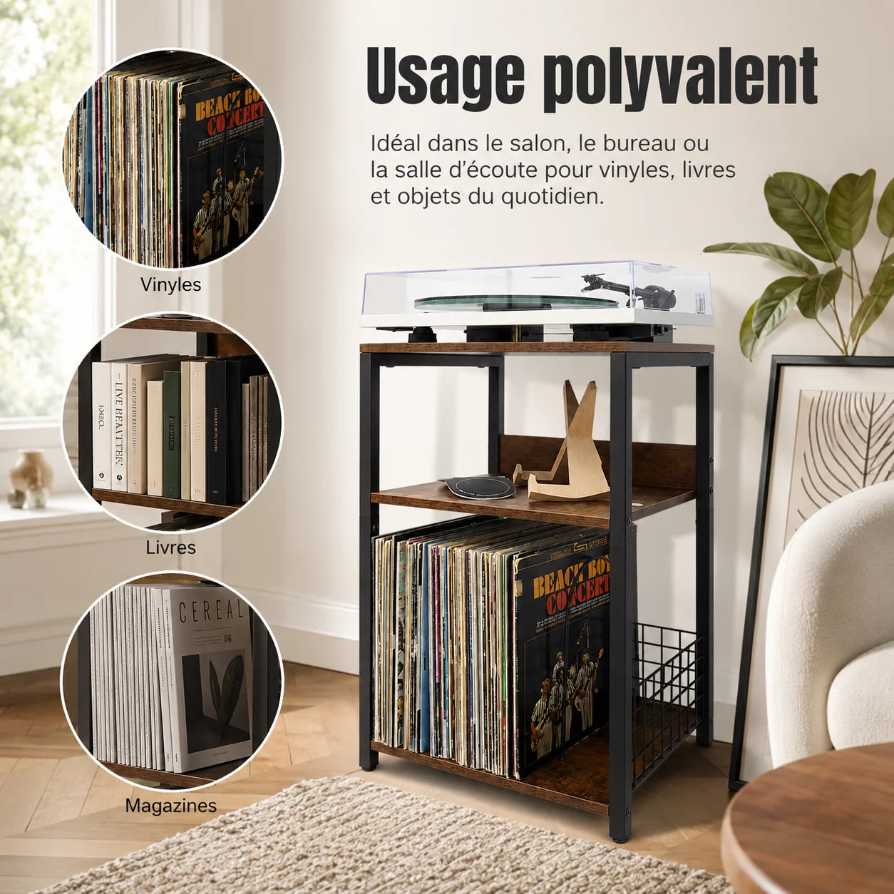 Meuble platine 65 cm dans salon avec vinyles, livres et magazines, lumière naturelle