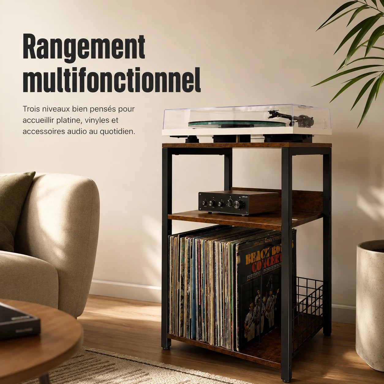 Trois niveaux du meuble platine 65 cm : plateau platine en haut, niveau central, panier vinyles en bas