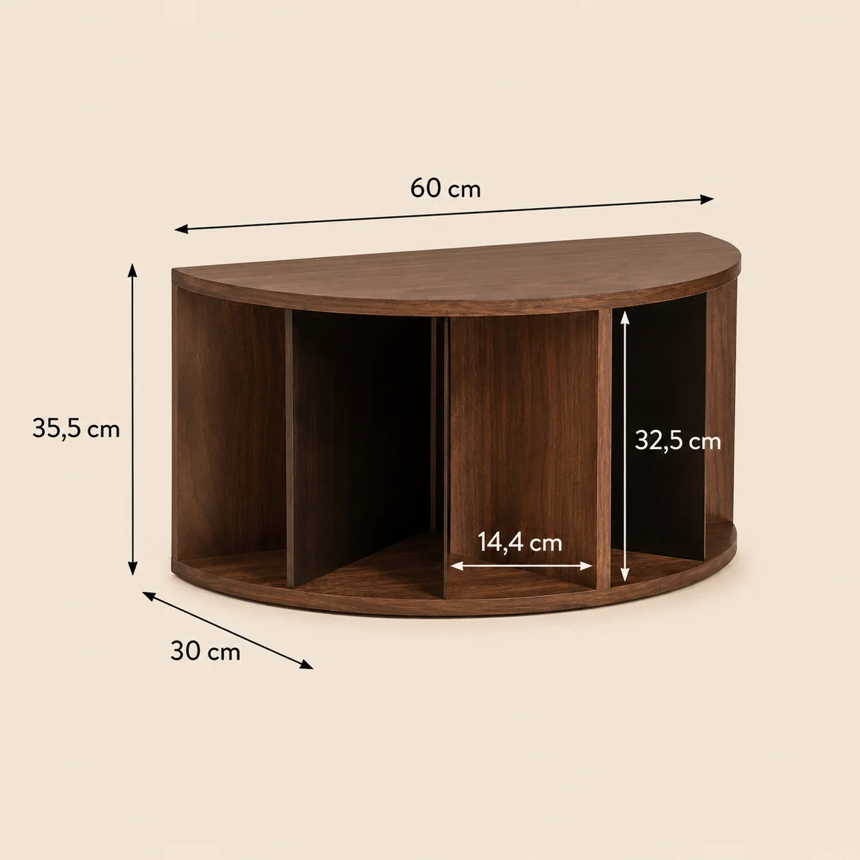 Schéma dimensions meuble arrondi : 60 cm largeur × 35,5 cm hauteur × 30 cm profondeur, compartiments 14,4 cm
