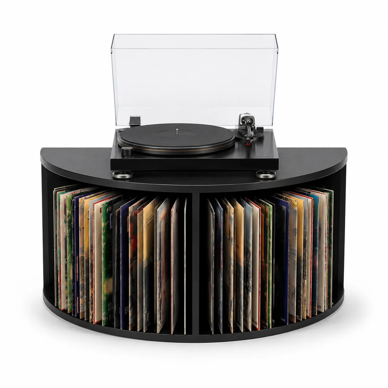 Meuble platine vinyle arrondi finition noire, platine posée, vinyles dans compartiments, fond blanc