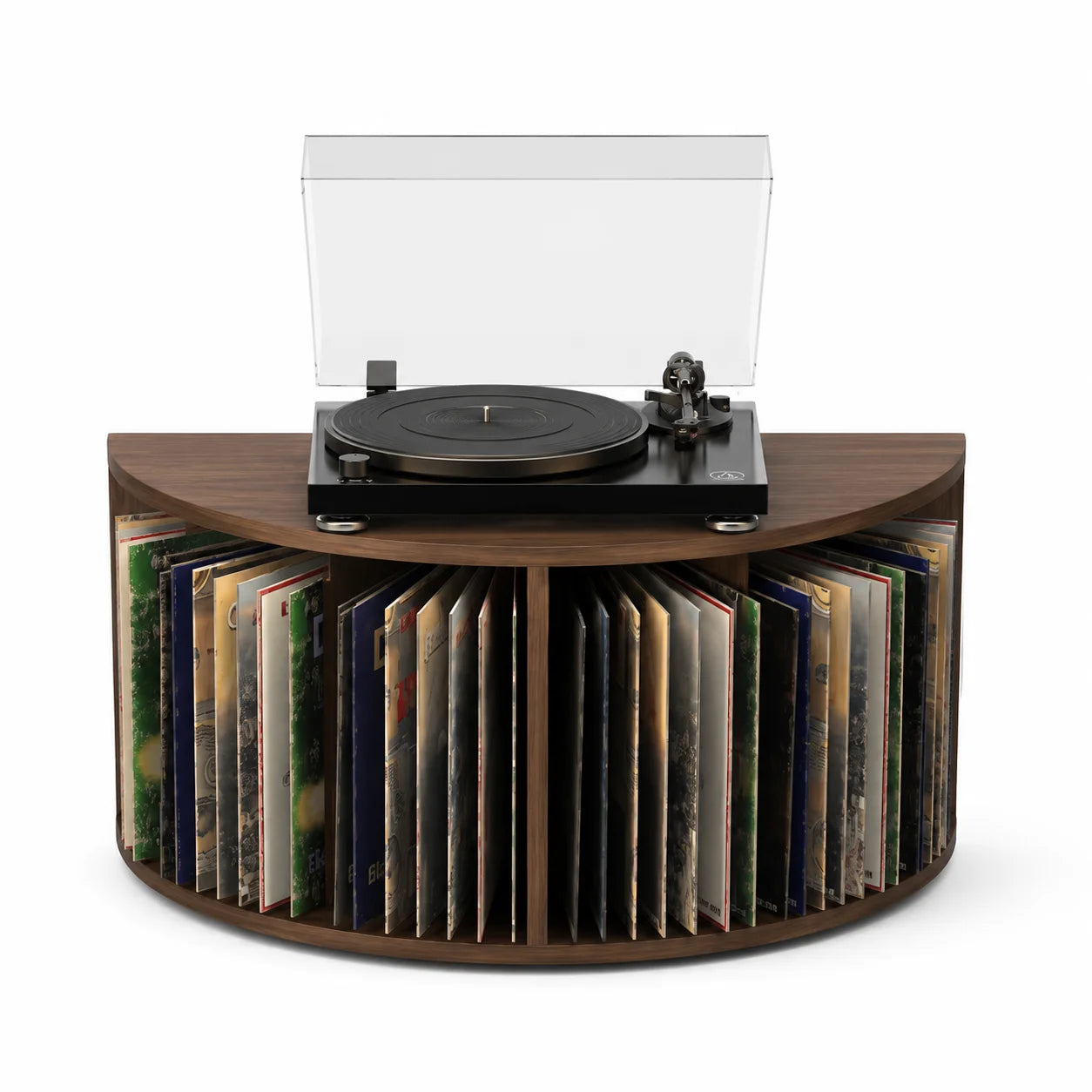 Meuble platine vinyle arrondi bois noyer, platine posée dessus, compartiments ouverts remplis de vinyles, fond blanc – Sillon 33