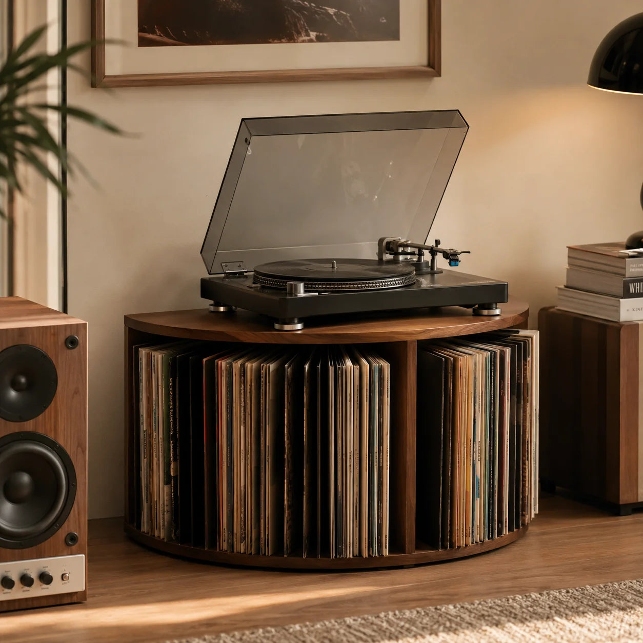Meuble platine vinyle arrondi noyer dans salon, platine, enceintes, lampe, livres, ambiance chaleureuse