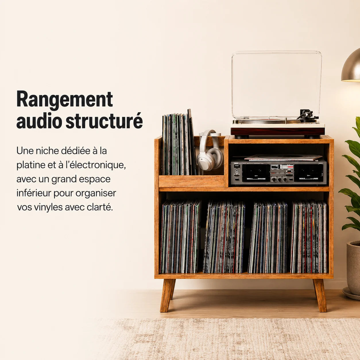Niche platine et électronique du meuble rétro, espace inférieur avec vinyles rangés debout
