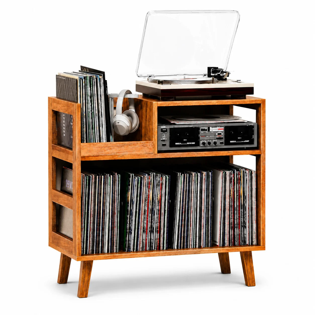 Meuble platine vinyle rétro bois, platine, amplificateur, casque audio, rangement latéral vinyles, fond blanc – Sillon 33