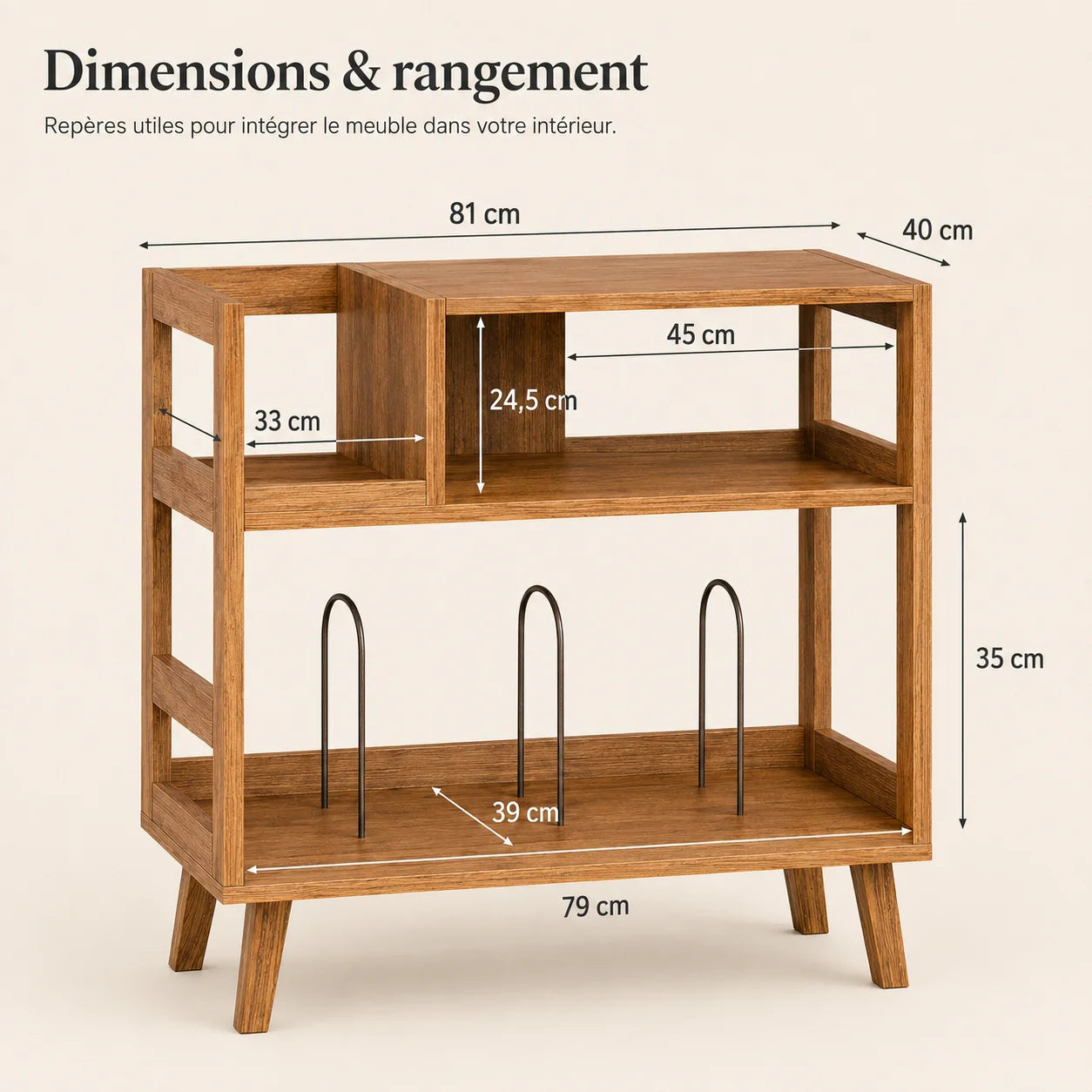 Meuble platine vinyle rétro dans salon, finition bois chaleureuse, présence décorative