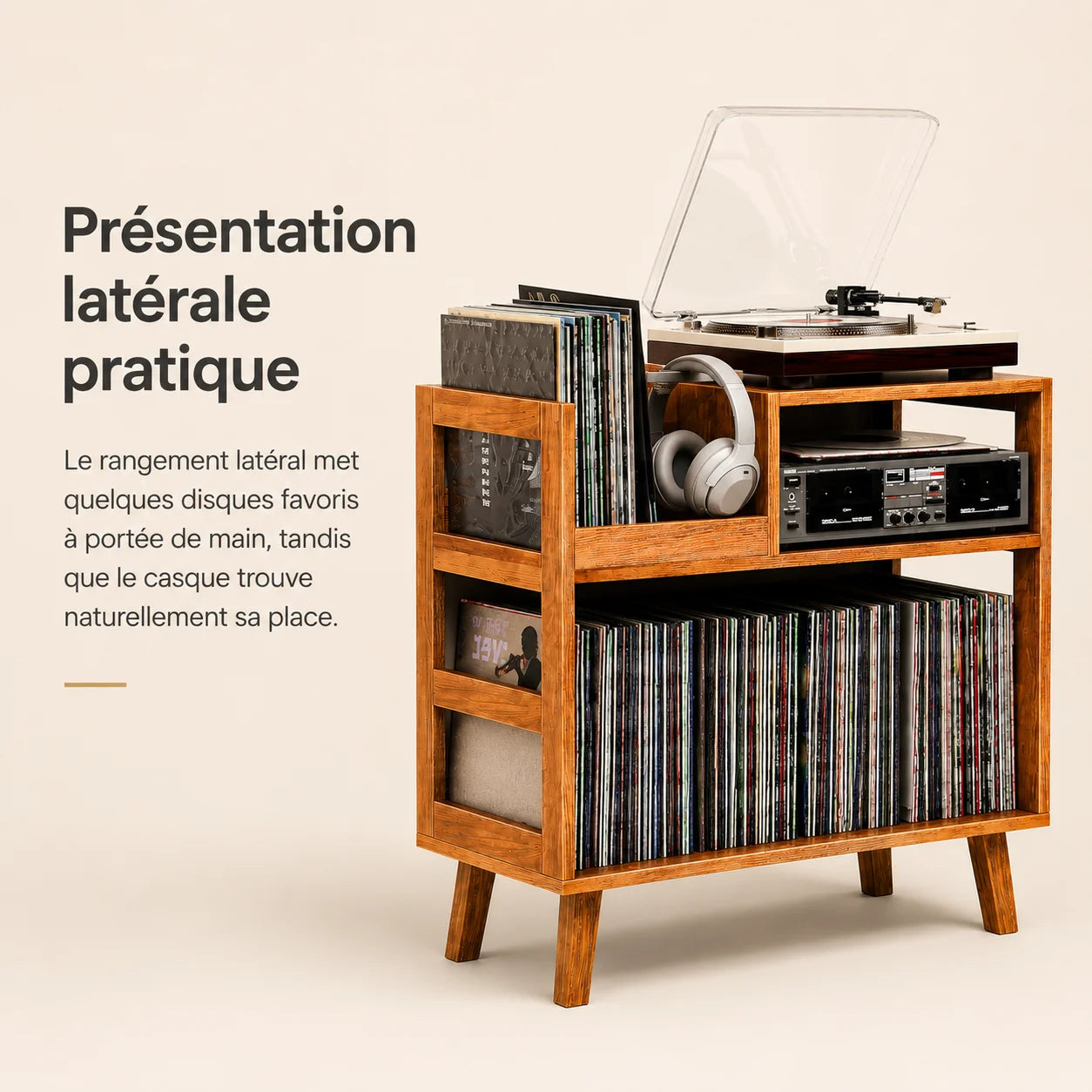 Rangement latéral du meuble rétro avec vinyles visibles et casque audio posé, zoom