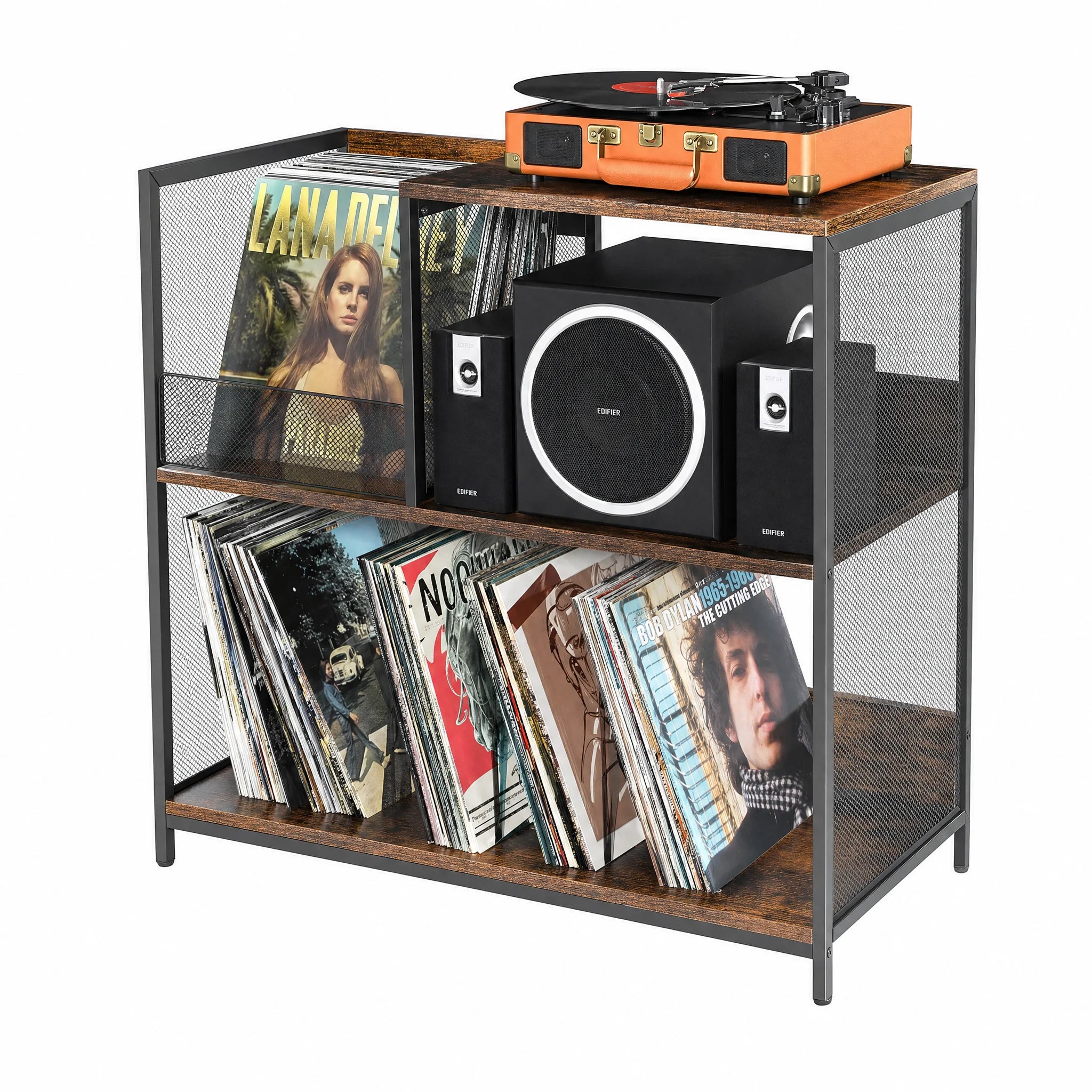 Meuble platine vinyle industriel grillage bois et métal 3 niveaux, vue 3/4 fond blanc – Sillon 33