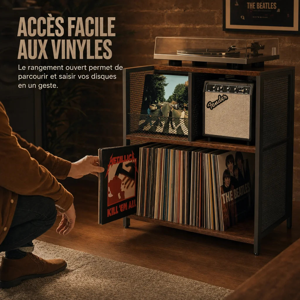 Deux niveaux rangement ouverts meuble vinyle industriel, capacité 100 vinyles LP