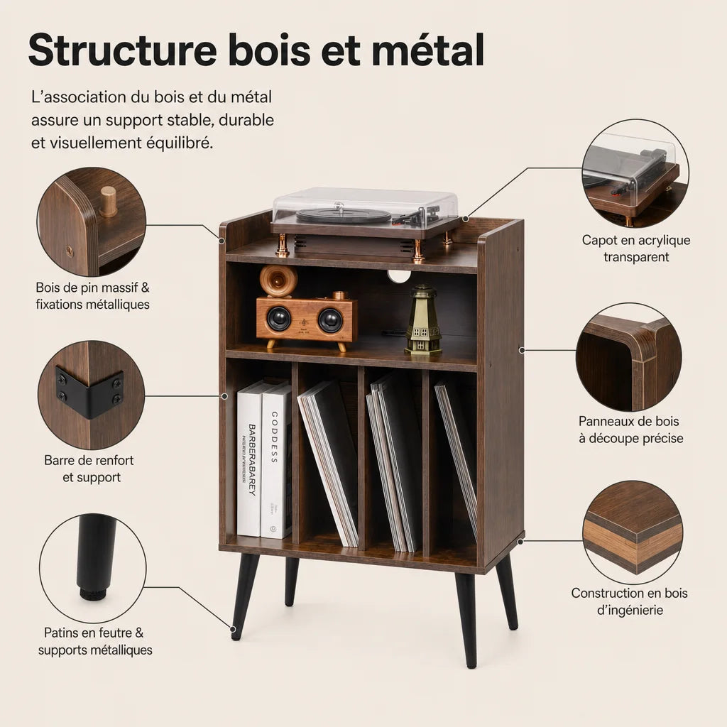 Pieds coniques métal du meuble platine vinyle mid-century, finition bois, détail assemblage