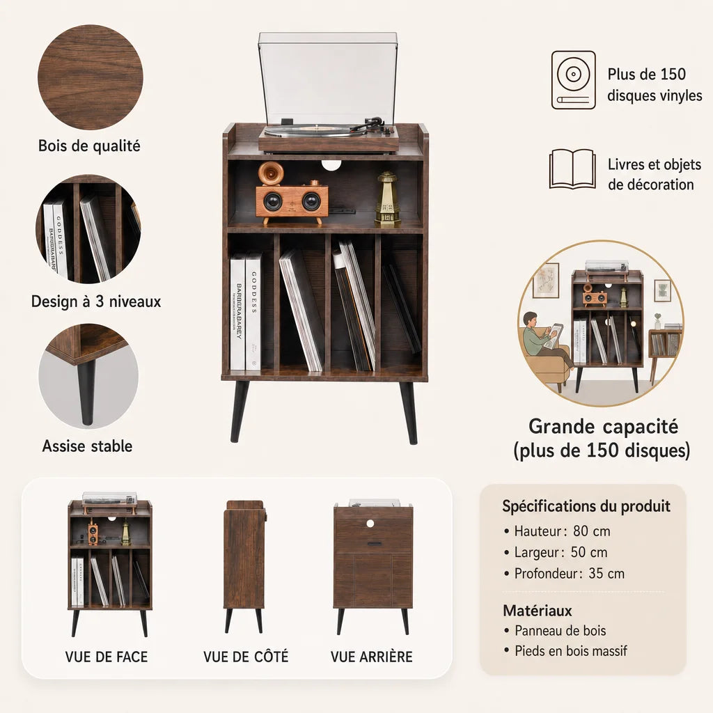 Schéma dimensions meuble platine mid-century : 52 × 40 × 75 cm, 4 compartiments LP